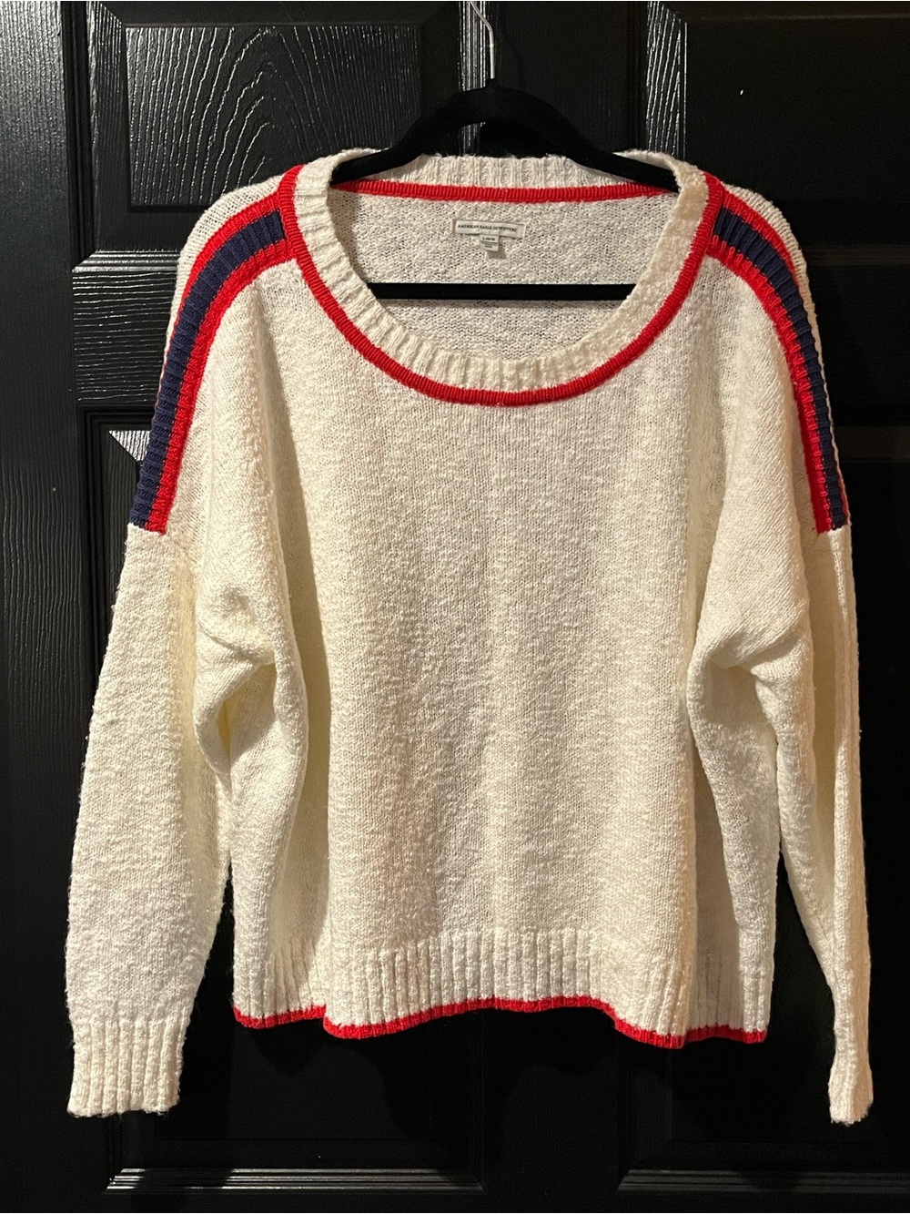 American Eagle Cream Crewneck Sweater with Red & Navy Stripe Accents